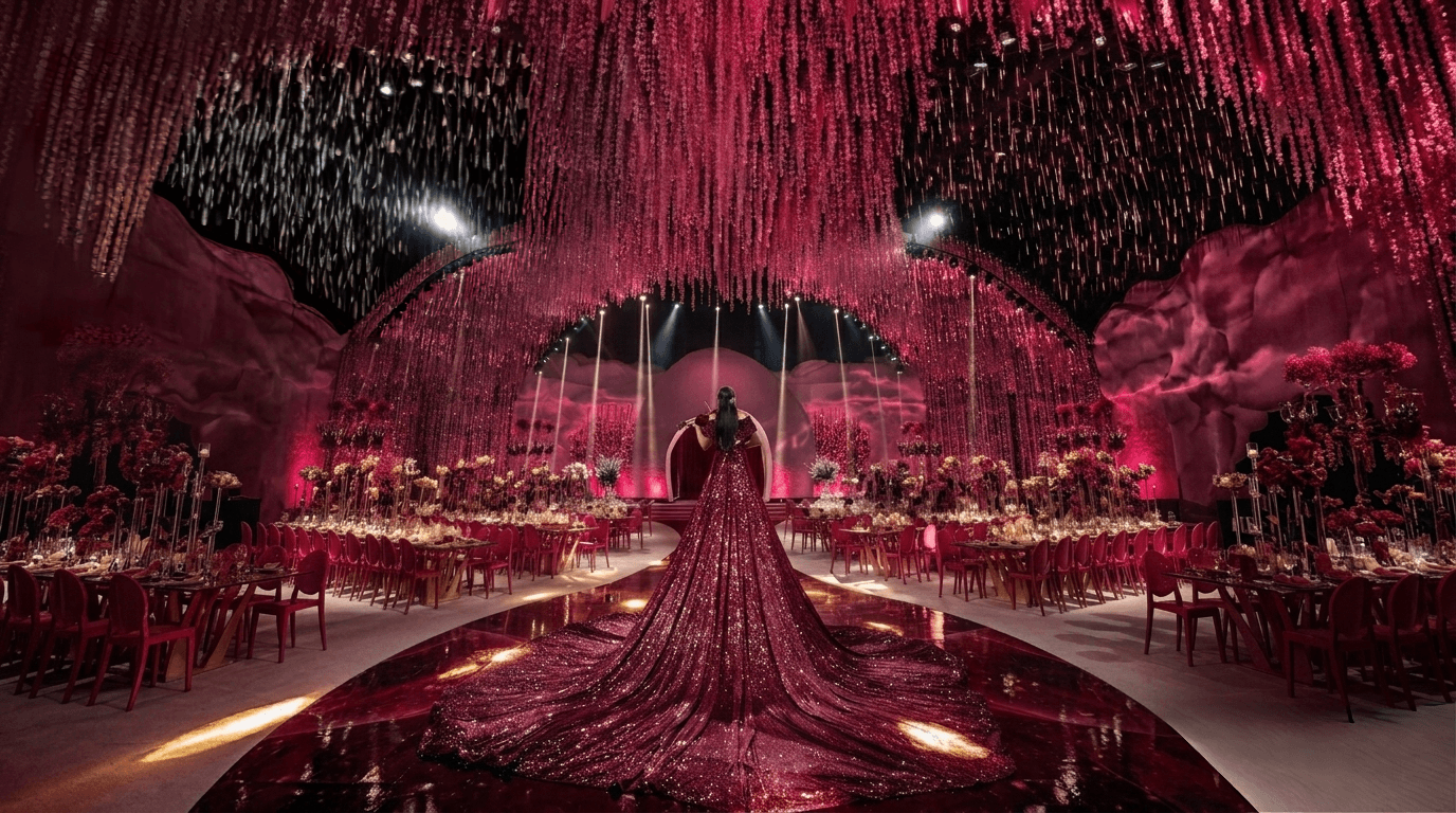 Orbellaa Events — Luxurious event venue with cascading crystal decorations and elegant banquet setup